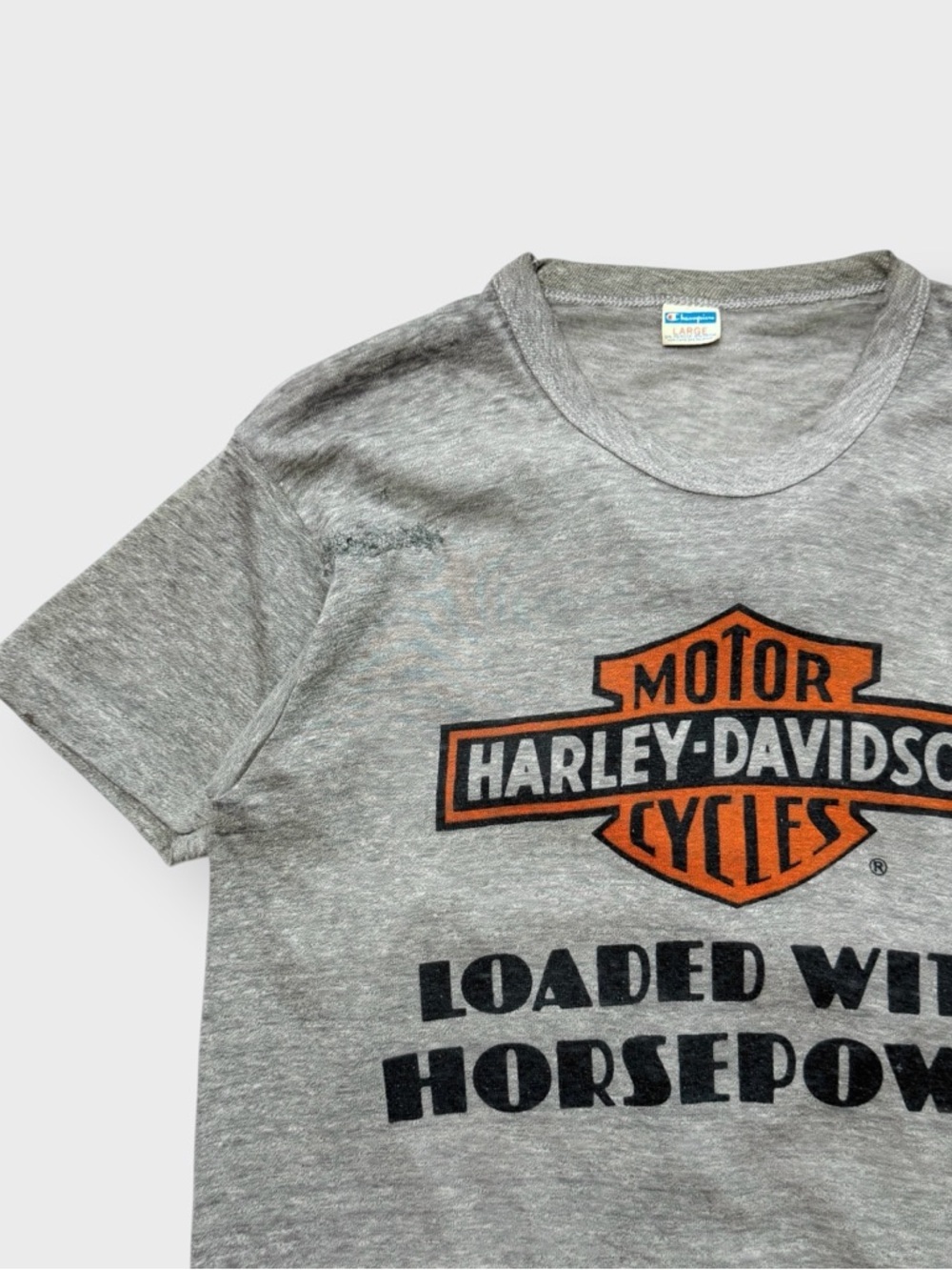 Vintage 70s Champion Blue Bar Harley Davidson Horsepower Shirt 2-Sided Stockton - Picture 3 of 9